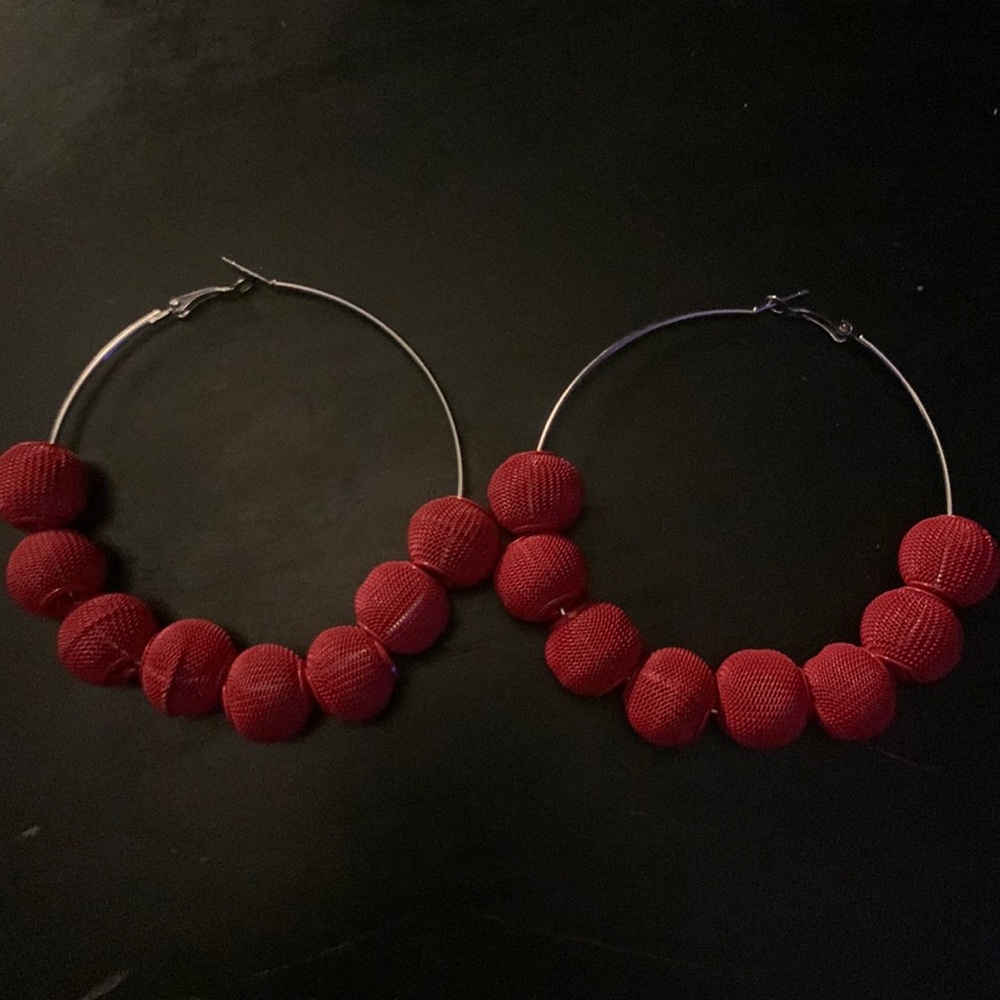 BOGO FREE. LARGE HOOP EARRINGS WITH RED BALLS.